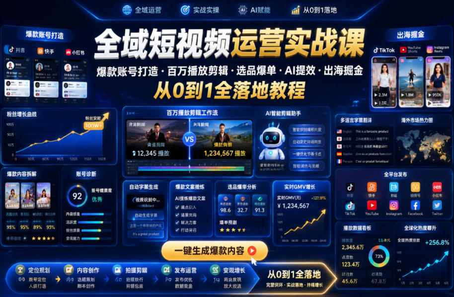 全域短视频运营实战课，爆款账号打造・百万播放剪辑・选品爆单・AI提效・出海掘金，从0到1全落地教程网赚库-项目库-轻创网-中创网-福缘网-冒泡网-资源之家-魔方项目库网赚库