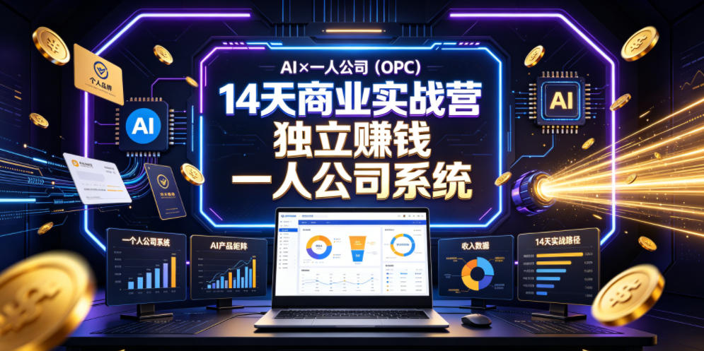 AI×一人公司(OPC)14天商业实战营，用AI帮你搭建一个属于你自己的、能独立賺钱的一人公司系统网赚库-项目库-轻创网-中创网-福缘网-冒泡网-资源之家-魔方项目库网赚库