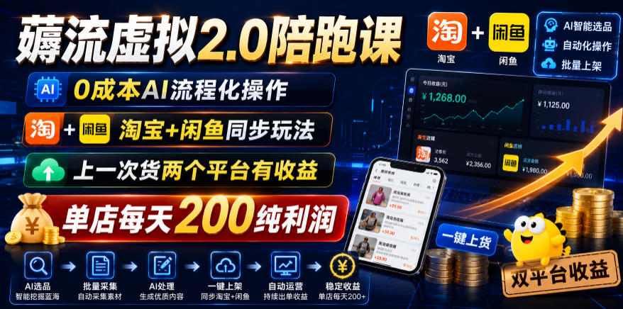 薅流虚拟2.0陪跑课，0成本AI流程化操作，淘宝+闲鱼同步玩法，上一次货两个平台有收益，单店每天200纯利润网赚库-项目库-轻创网-中创网-福缘网-冒泡网-资源之家-魔方项目库网赚库