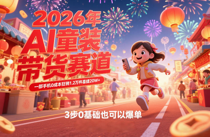 AI童装新春带货赛道,一部手机0成本狂销1.2万件喜提20W+,3步0基础也可以爆单网赚库-项目库-轻创网-中创网-福缘网-冒泡网-资源之家-魔方项目库网赚库
