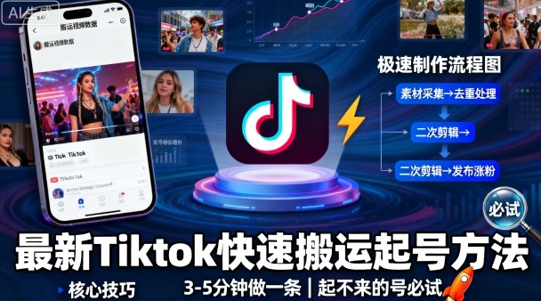 最新Tiktok快速搬运快速起号方法，3-5分钟做一条，起不来的号可以试试网赚库-项目库-轻创网-中创网-福缘网-冒泡网-资源之家-魔方项目库网赚库