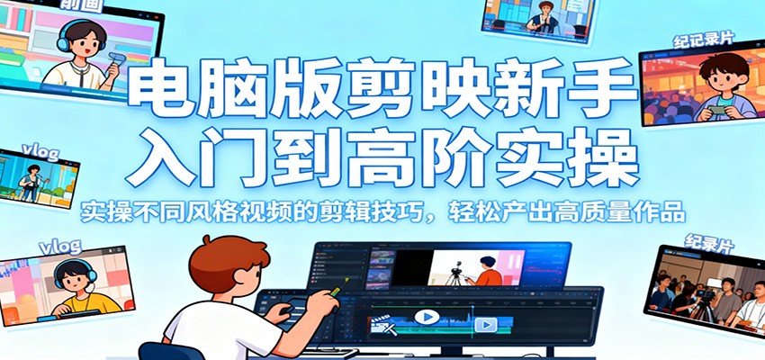 电脑版剪映新手入门到高阶实操，实操不同风格视频的剪辑技巧，轻松产出高质量作品网赚库-项目库-轻创网-中创网-福缘网-冒泡网-资源之家-魔方项目库网赚库