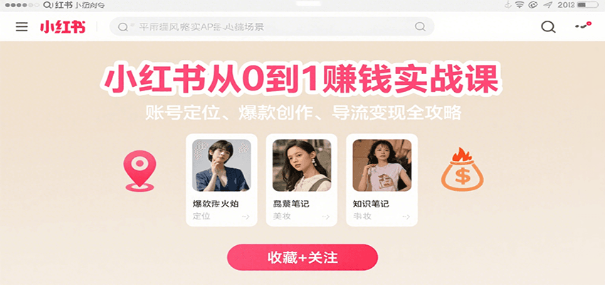 小红书从0到1赚钱实战课：账号定位、 爆款创作 、导流变现全攻略网赚库-项目库-轻创网-中创网-福缘网-冒泡网-资源之家-魔方项目库网赚库