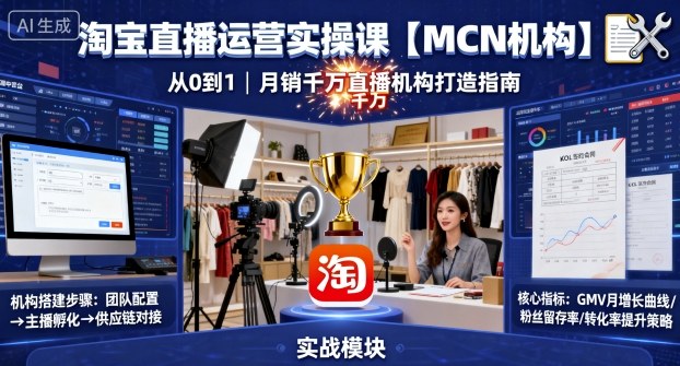淘宝直播运营实操课【MCN机构】，从0到1做一家月销千W的直播机构网赚库-项目库-轻创网-中创网-福缘网-冒泡网-资源之家-魔方项目库网赚库