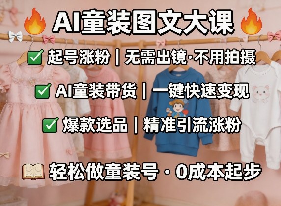 AI童装图文剪辑，某社群童装图文大课，起号涨粉、AI童装带货、爆款选品，无需出镜和拍摄网赚库-项目库-轻创网-中创网-福缘网-冒泡网-资源之家-魔方项目库网赚库
