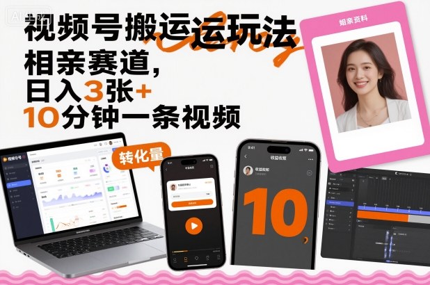 视频号搬运玩法，相亲赛道，日入3张+，10分钟一条视频网赚库-项目库-轻创网-中创网-福缘网-冒泡网-资源之家-魔方项目库网赚库