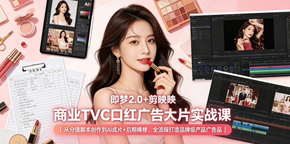 即梦2.0+剪映商业TVC口红广告大片实战课|从分镜脚本创作到AI成片+后期精修,全流程打造品牌级产品广告网赚库-项目库-轻创网-中创网-福缘网-冒泡网-资源之家-魔方项目库网赚库