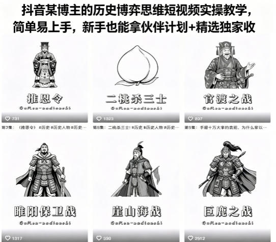 抖音某博主的历史博弈思维短视频实操教学，简单易上手，新手也能拿伙伴计划+精选独家收益网赚库-项目库-轻创网-中创网-福缘网-冒泡网-资源之家-魔方项目库网赚库