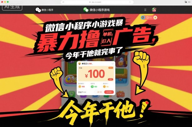微信小程序小游戏暴力撸广告，单机日入100，今年干他就完事了网赚库-项目库-轻创网-中创网-福缘网-冒泡网-资源之家-魔方项目库网赚库
