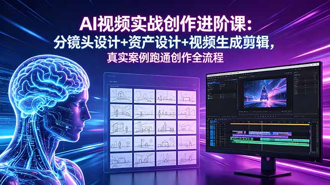 AI视频实战创作进阶课:分镜头设计+资产设计+视频生成剪辑,真实案例跑通创作全流程网赚库-项目库-轻创网-中创网-福缘网-冒泡网-资源之家-魔方项目库网赚库