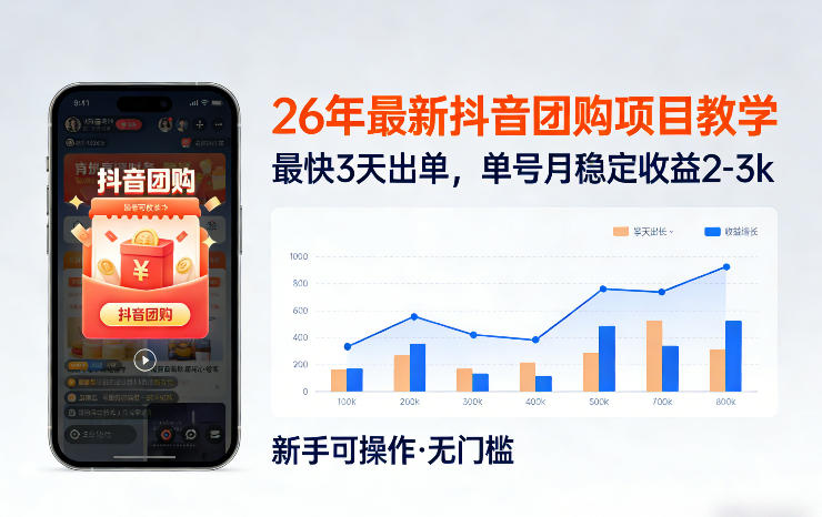 26年最新抖音团购项目教学，0门槛，最快3天出单，单号月稳定收益2-3k网赚库-项目库-轻创网-中创网-福缘网-冒泡网-资源之家-魔方项目库网赚库