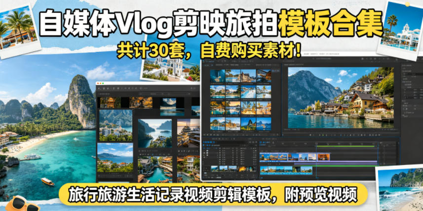 自媒体Vlog剪映旅拍模板合集,共计30套,自费购买素材!旅行旅游生活记录视频剪辑模板,附预览视频网赚库-项目库-轻创网-中创网-福缘网-冒泡网-资源之家-魔方项目库网赚库