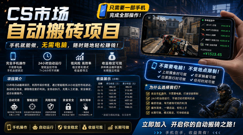 手机即可操作的CS市场自动搬砖系统|自动监控|自动下单|日入300+【揭秘】网赚库-项目库-轻创网-中创网-福缘网-冒泡网-资源之家-魔方项目库网赚库