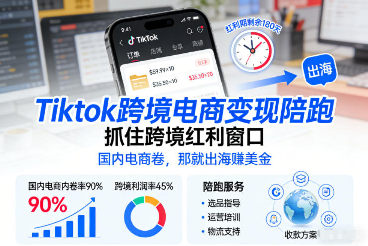 Tiktok跨境电商变现陪跑，抓住跨境红利窗口，国内电商卷，那就出海賺美金网赚库-项目库-轻创网-中创网-福缘网-冒泡网-资源之家-魔方项目库网赚库