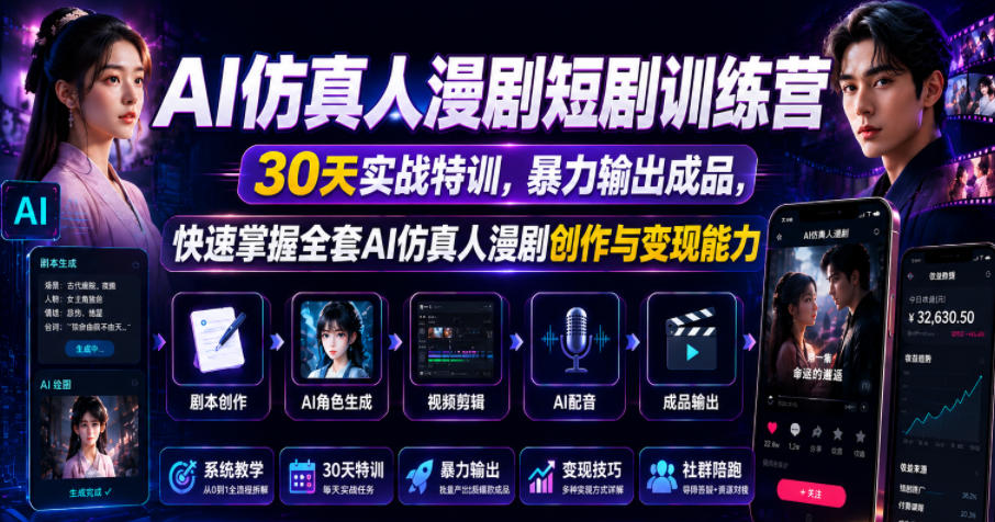 AI仿真人漫剧短剧训练营,30天实战特训,暴力输出成品,快速掌握全套AI仿真人漫剧创作与变现能力网赚库-项目库-轻创网-中创网-福缘网-冒泡网-资源之家-魔方项目库网赚库