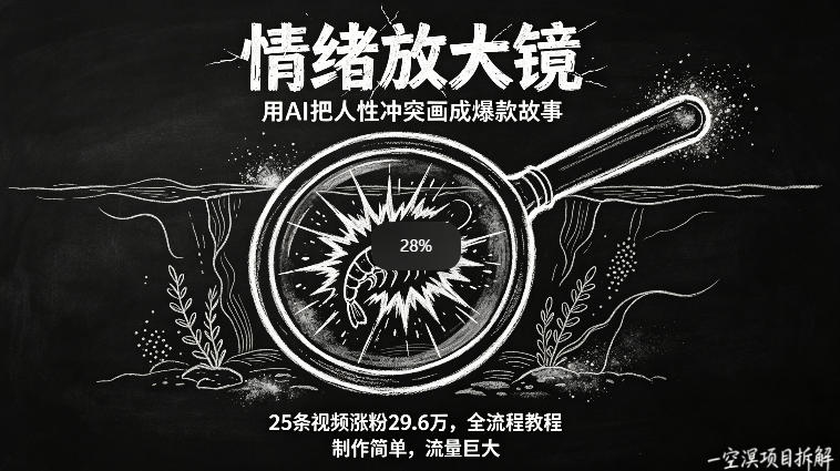 AI制作“情绪放大镜“视频,25条视频涨粉29.6W粉,流量巨大,制作简单,全流程教程网赚库-项目库-轻创网-中创网-福缘网-冒泡网-资源之家-魔方项目库网赚库