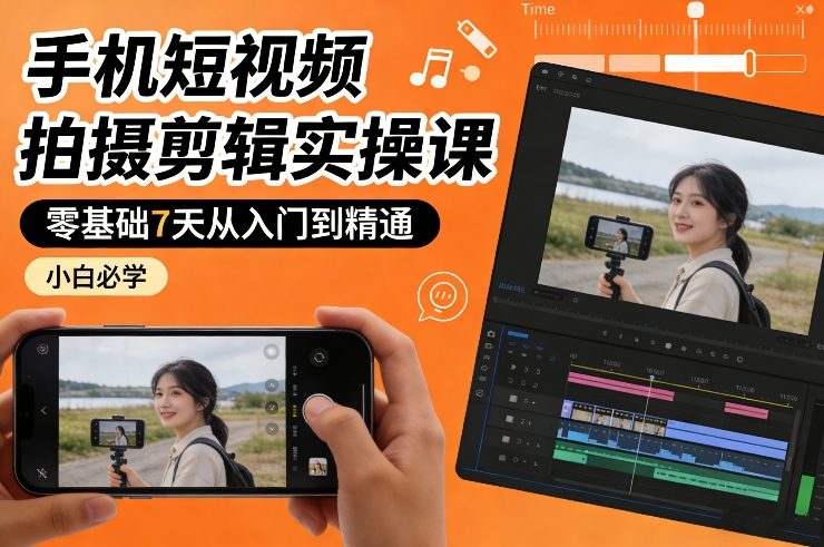 手机短视频拍摄剪辑实操课，零基础7天从入门到精通，小白必学网赚库-项目库-轻创网-中创网-福缘网-冒泡网-资源之家-魔方项目库网赚库