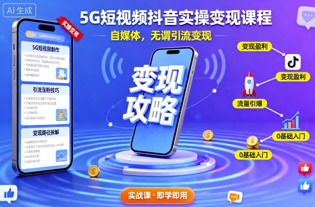 5G短视频抖音实操变现课程，自媒体，无谓引流变现网赚库-项目库-轻创网-中创网-福缘网-冒泡网-资源之家-魔方项目库网赚库
