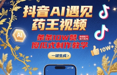 抖音AI遇见药王视频，条条10W赞，快速起千粉万粉号，傻瓜式制作教学网赚库-项目库-轻创网-中创网-福缘网-冒泡网-资源之家-魔方项目库网赚库