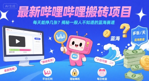 最新哔哩哔哩上B站搬砖项目，每天能挣几张？揭秘一般人不知道的蓝海赛道网赚库-项目库-轻创网-中创网-福缘网-冒泡网-资源之家-魔方项目库网赚库