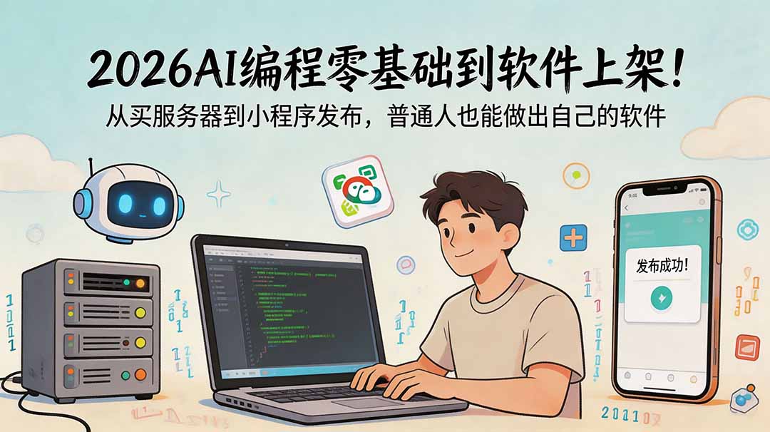 2026AI编程零基础到软件上架！从买服务器到小程序发布，普通人也能做出自己的软件网赚库-项目库-轻创网-中创网-福缘网-冒泡网-资源之家-魔方项目库网赚库