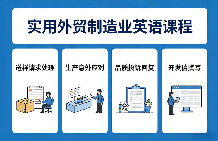 实用外贸制造业英语课程，教你专业处理送样请求、应对生产意外、回复品质投诉、撰写开发信等网赚库-项目库-轻创网-中创网-福缘网-冒泡网-资源之家-魔方项目库网赚库