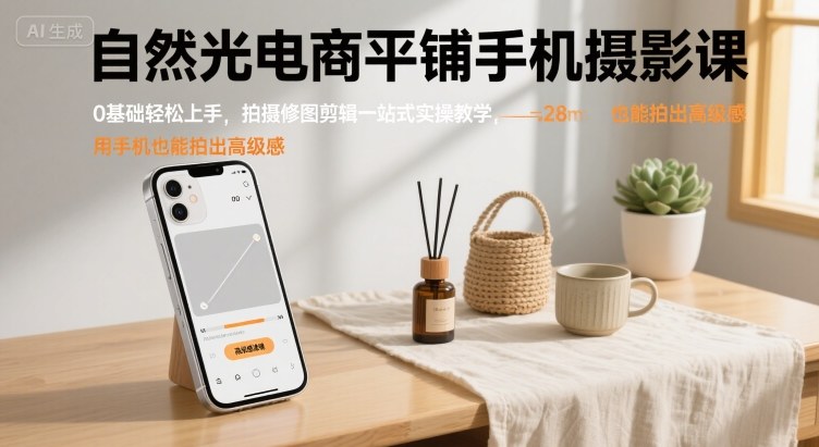 自然光电商平铺手机摄影课，0基础轻松上手，拍摄修图剪辑一站式实操教学，用手机也能拍出高级感网赚库-项目库-轻创网-中创网-福缘网-冒泡网-资源之家-魔方项目库网赚库
