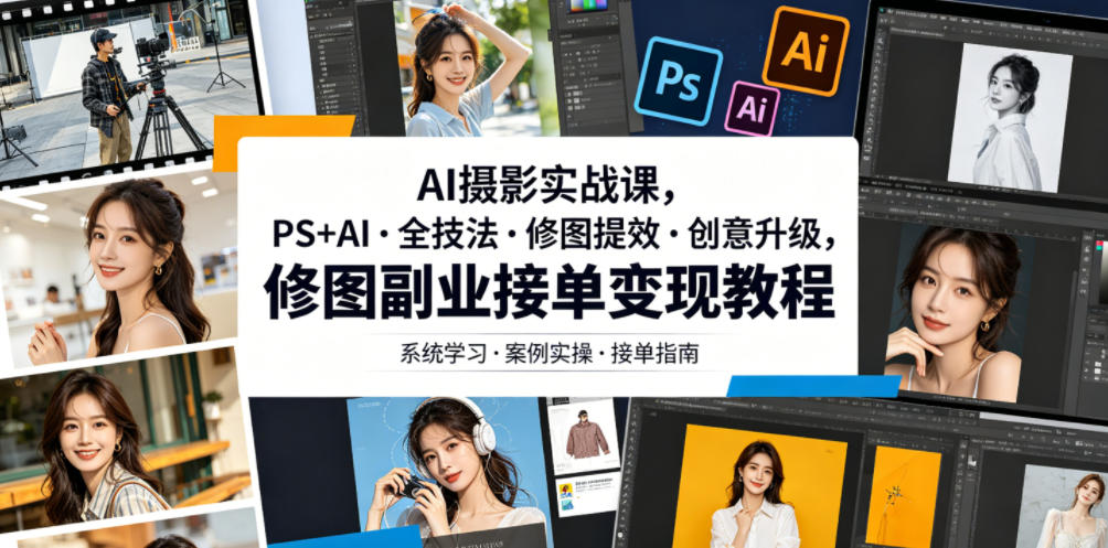 AI摄影实战课，PS+AI・全技法・修图提效・创意升级，修图副业接单变现教程网赚库-项目库-轻创网-中创网-福缘网-冒泡网-资源之家-魔方项目库网赚库