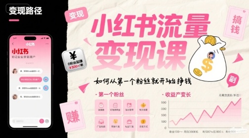 小红书流量变现课，如何从第一个粉丝就开始挣钱网赚库-项目库-轻创网-中创网-福缘网-冒泡网-资源之家-魔方项目库网赚库