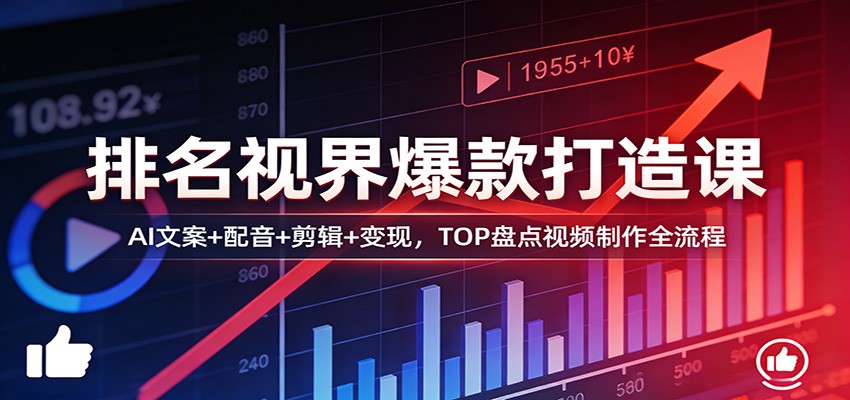 排名视界爆款打造课：AI文案+配音+剪辑+变现，TOP盘点视频制作全流程网赚库-项目库-轻创网-中创网-福缘网-冒泡网-资源之家-魔方项目库网赚库