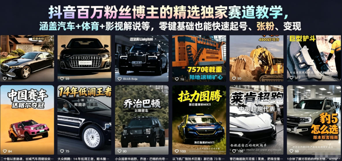 抖音百万粉丝博主的精选独家赛道教学,涵盖汽车+体育+影视解说等,零基础也能快速起号、涨粉、变现网赚库-项目库-轻创网-中创网-福缘网-冒泡网-资源之家-魔方项目库网赚库