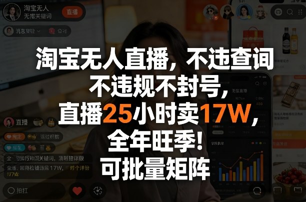 淘宝无人直播，不违规不封号，直播25小时卖17W，全年旺季！可批量矩阵【揭秘】网赚库-项目库-轻创网-中创网-福缘网-冒泡网-资源之家-魔方项目库网赚库