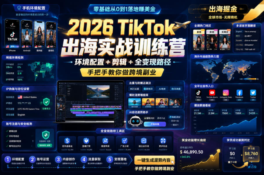 2026 TikTok出海实战训练营，环境配置 + 剪辑 + 全变现路径，手把手教你做跨境副业网赚库-项目库-轻创网-中创网-福缘网-冒泡网-资源之家-魔方项目库网赚库