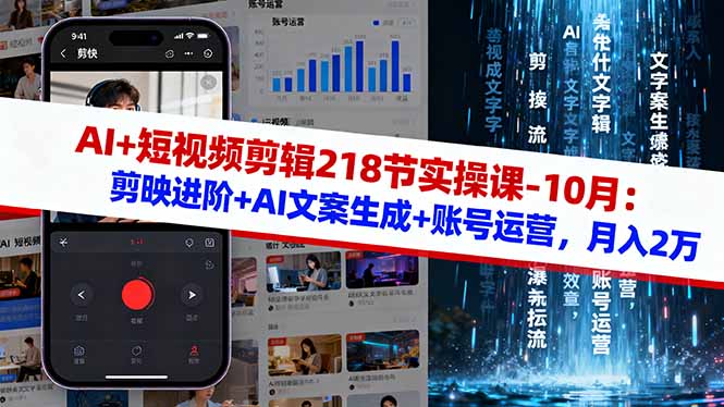 AI+短视频剪辑218节实操课-10月：剪映进阶+AI文案生成+账号运营，月入2万网赚库-项目库-轻创网-中创网-福缘网-冒泡网-资源之家-魔方项目库网赚库