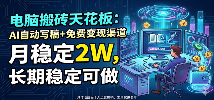 电脑搬砖天花板:AI自动写稿+免费变现渠道,月稳定2W,长期稳定可做网赚库-项目库-轻创网-中创网-福缘网-冒泡网-资源之家-魔方项目库网赚库