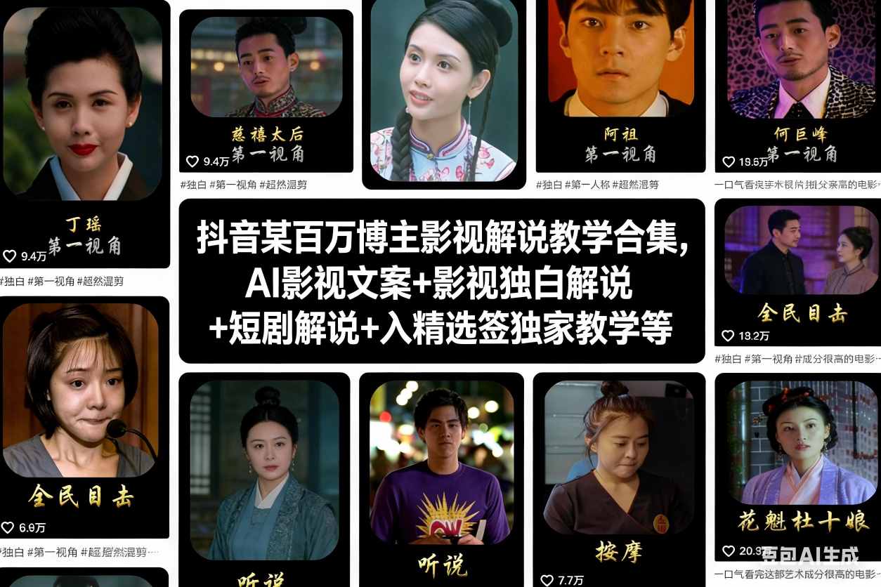 抖音某百万博主影视解说教学合集，AI影视文案+影视独白解说+短剧解说+入精选签独家教学等网赚库-项目库-轻创网-中创网-福缘网-冒泡网-资源之家-魔方项目库网赚库