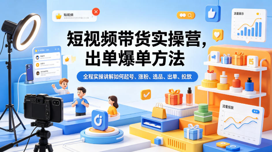 短视频带货实操营,出单爆单方法,全程实操讲解如何起号、涨粉、选品、出单、投放(更新0515)网赚库-项目库-轻创网-中创网-福缘网-冒泡网-资源之家-魔方项目库网赚库