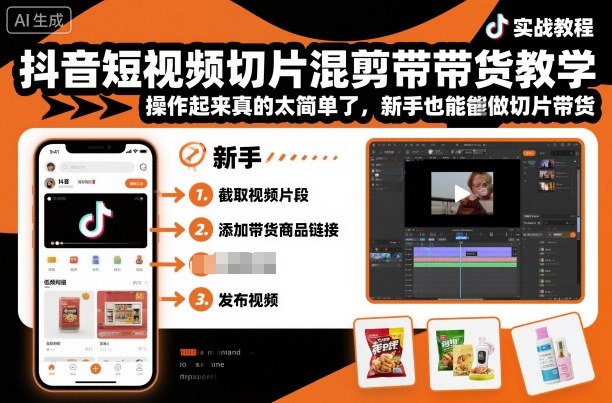 抖音短视频切片混剪带货教学，操作起来真的太简单了，新手也能做切片带货网赚库-项目库-轻创网-中创网-福缘网-冒泡网-资源之家-魔方项目库网赚库