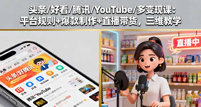 头条/好看/腾讯/YouTube/多变现课：平台规则+爆款制作+直播带货，三维教学网赚库-项目库-轻创网-中创网-福缘网-冒泡网-资源之家-魔方项目库网赚库
