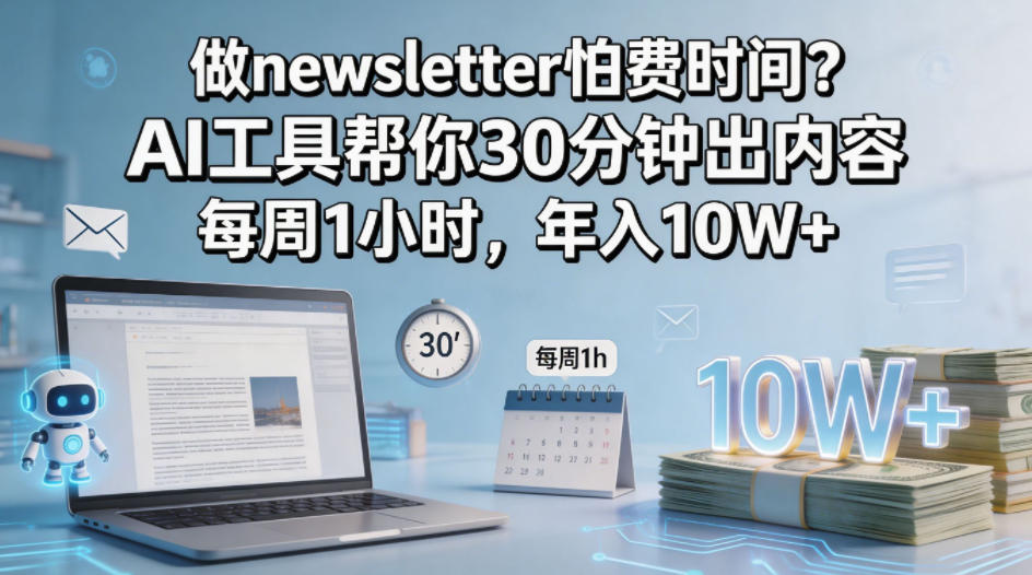 做newsletter怕费时间？AI工具帮你30分钟出内容，每周1小时，年入10W+！【原创双语字幕】网赚库-项目库-轻创网-中创网-福缘网-冒泡网-资源之家-魔方项目库网赚库