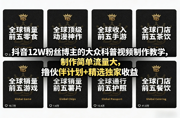 抖音12W粉丝博主的大众科普视频制作教学，制作简单流量大，撸伙伴计划+精选独家收益网赚库-项目库-轻创网-中创网-福缘网-冒泡网-资源之家-魔方项目库网赚库