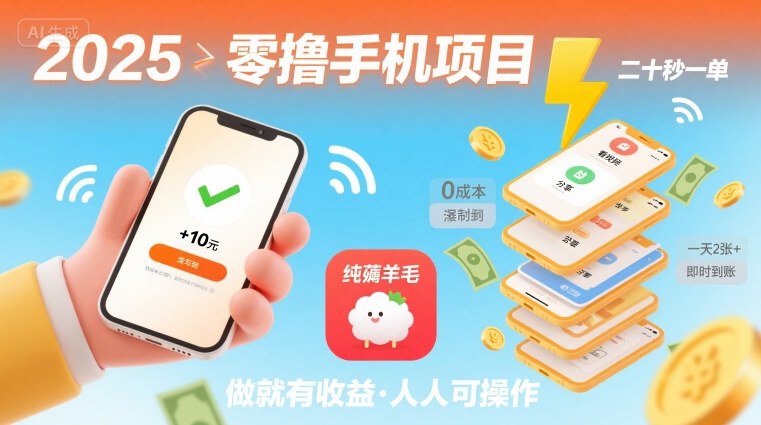 2025年零撸手机项目，二十秒一单，纯薅羊毛 一天2张+做就有网赚库-项目库-轻创网-中创网-福缘网-冒泡网-资源之家-魔方项目库网赚库