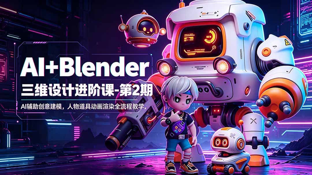 AI+Blender三维设计进阶课-第2期:AI辅助创意建模,人物道具动画渲染全流程教学网赚库-项目库-轻创网-中创网-福缘网-冒泡网-资源之家-魔方项目库网赚库