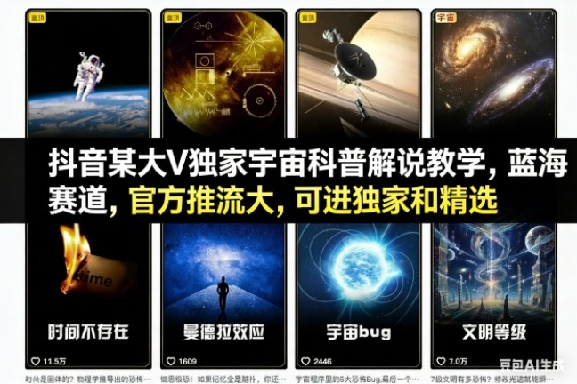 抖音某大V独家宇宙科普解说教学，蓝海赛道，官方推流大，可进独家和精选网赚库-项目库-轻创网-中创网-福缘网-冒泡网-资源之家-魔方项目库网赚库