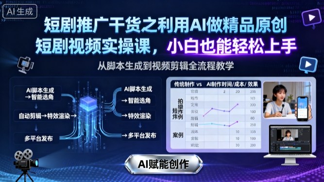 短剧推广干货之利用AI做精品原创短剧视频实操课，小白也能轻松上手网赚库-项目库-轻创网-中创网-福缘网-冒泡网-资源之家-魔方项目库网赚库