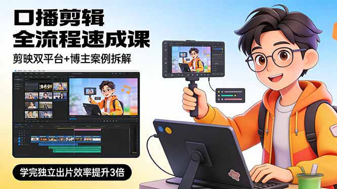 口播剪辑全流程速成课，剪映双平台+博主案例拆解，学完独立出片效率提升3倍网赚库-项目库-轻创网-中创网-福缘网-冒泡网-资源之家-魔方项目库网赚库