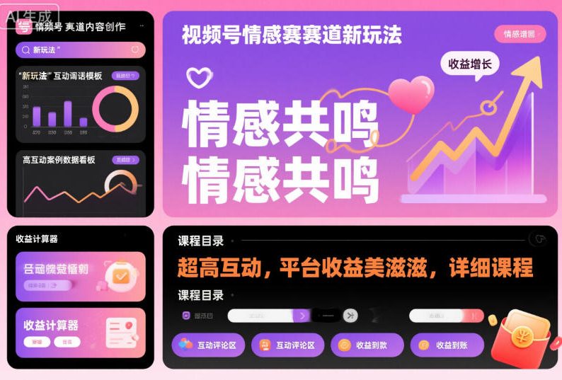 视频号情感赛道新玩法，超高互动，平台收益美滋滋，详细课程网赚库-项目库-轻创网-中创网-福缘网-冒泡网-资源之家-魔方项目库网赚库