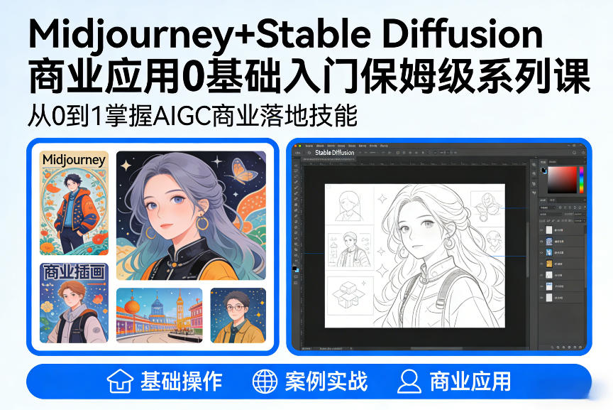 AIGC商业应用Midjourney+Stable Diffusion教程，0基础入门保姆级系列课网赚库-项目库-轻创网-中创网-福缘网-冒泡网-资源之家-魔方项目库网赚库
