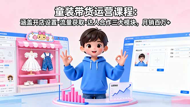童装带货运营课程：涵盖开店设置-流量获取-达人合作三大模块，月销百万+网赚库-项目库-轻创网-中创网-福缘网-冒泡网-资源之家-魔方项目库网赚库