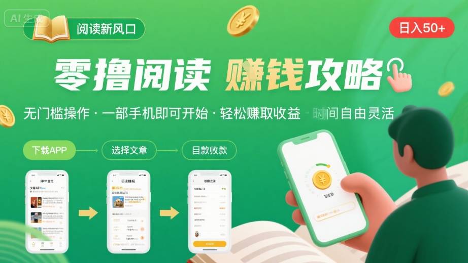 零撸阅读新风口，无门槛轻松挣，一部手机，日入 50-3张【揭秘】网赚库-项目库-轻创网-中创网-福缘网-冒泡网-资源之家-魔方项目库网赚库